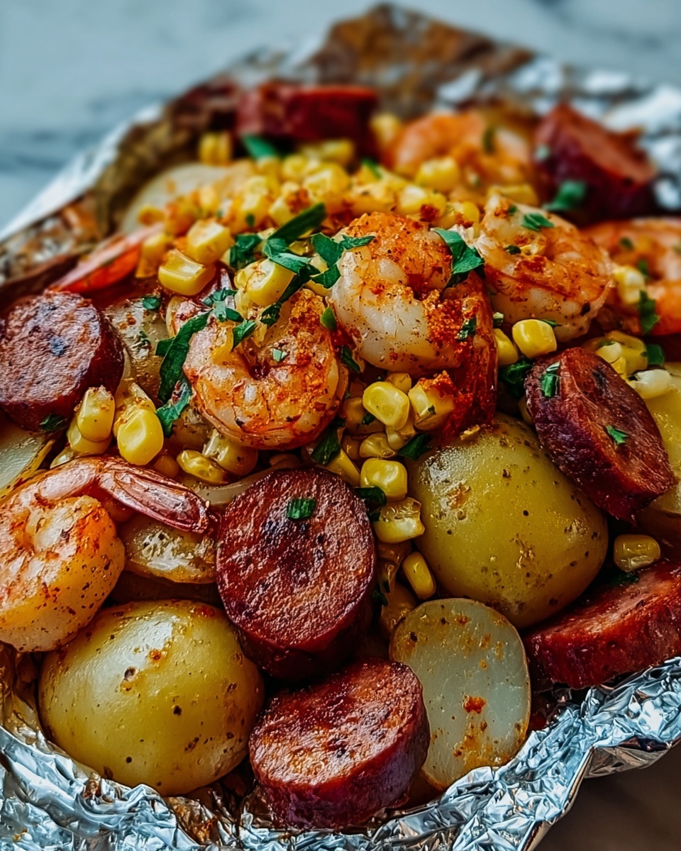 Shrimp, Corn, Potatoes, and Smoked Sausage Foil Pack Recipe - Recipe Image