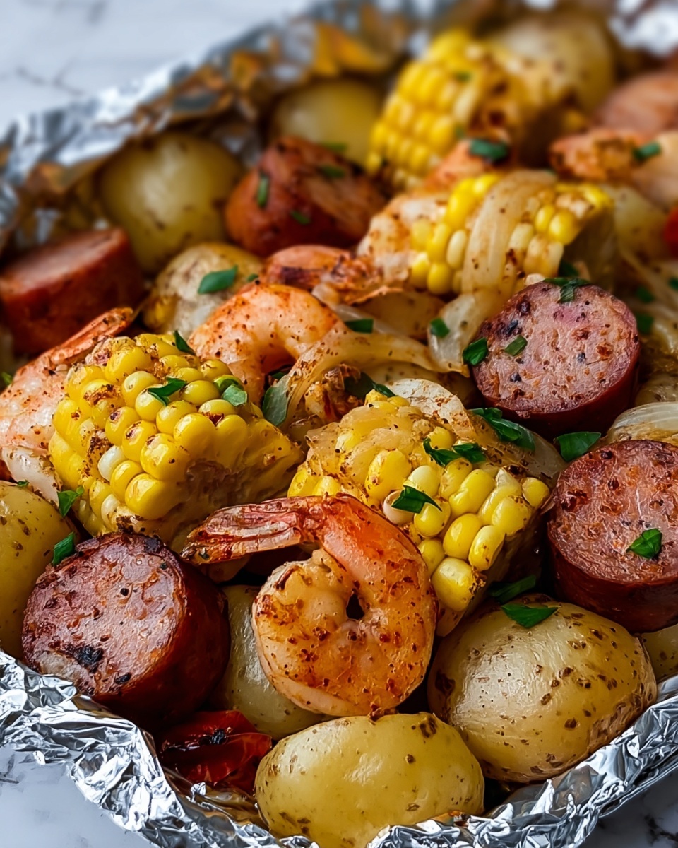 Shrimp, Corn, Potatoes, and Smoked Sausage Foil Pack Recipe - Recipe Image